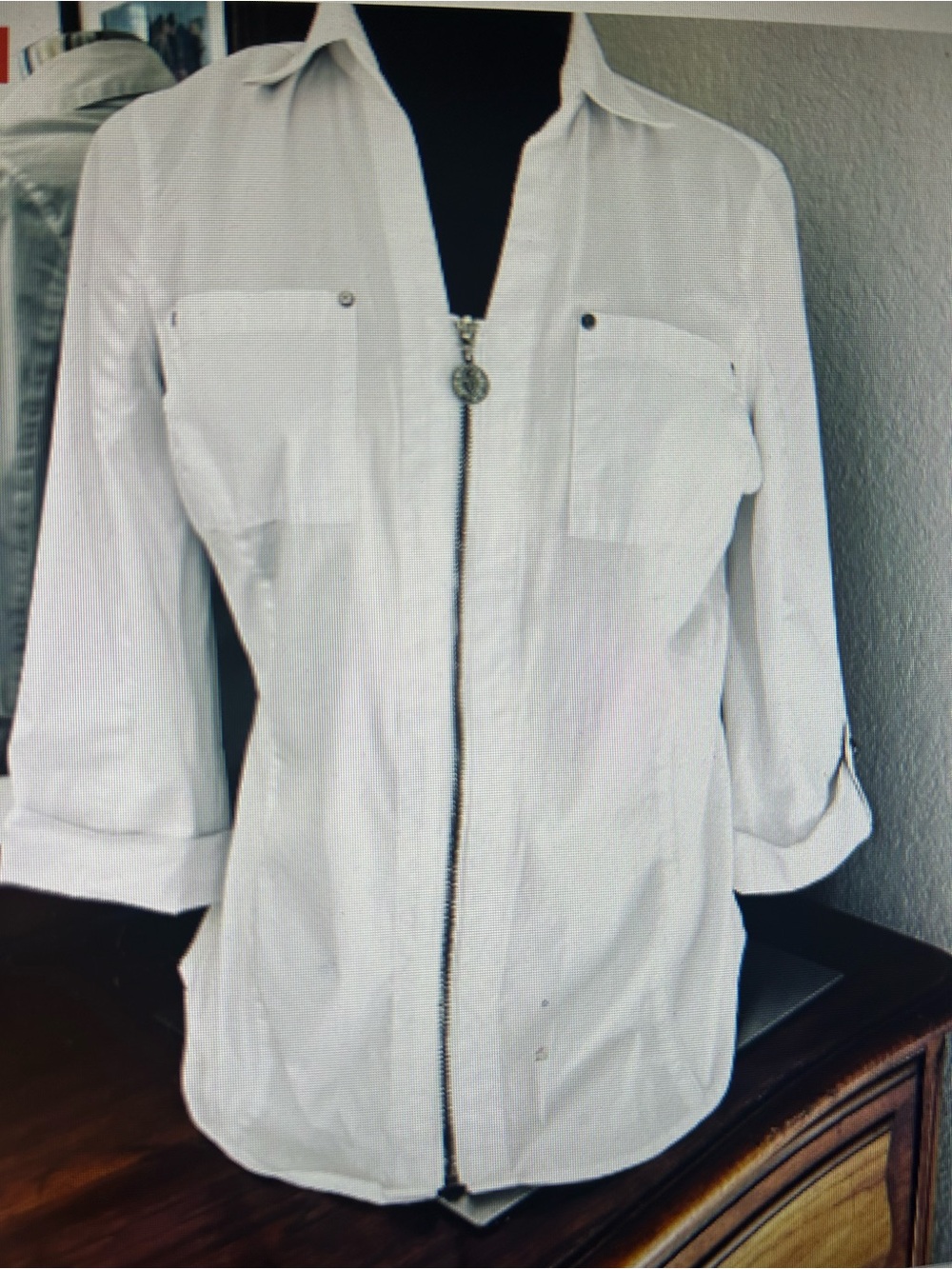 Anne Klein Women's White Zip-Front Utility Blouse with Chest Pockets